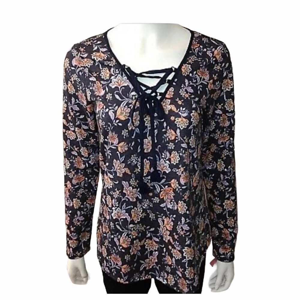 Xhilaration Lace Up Floral Top Navy Blue Small‎